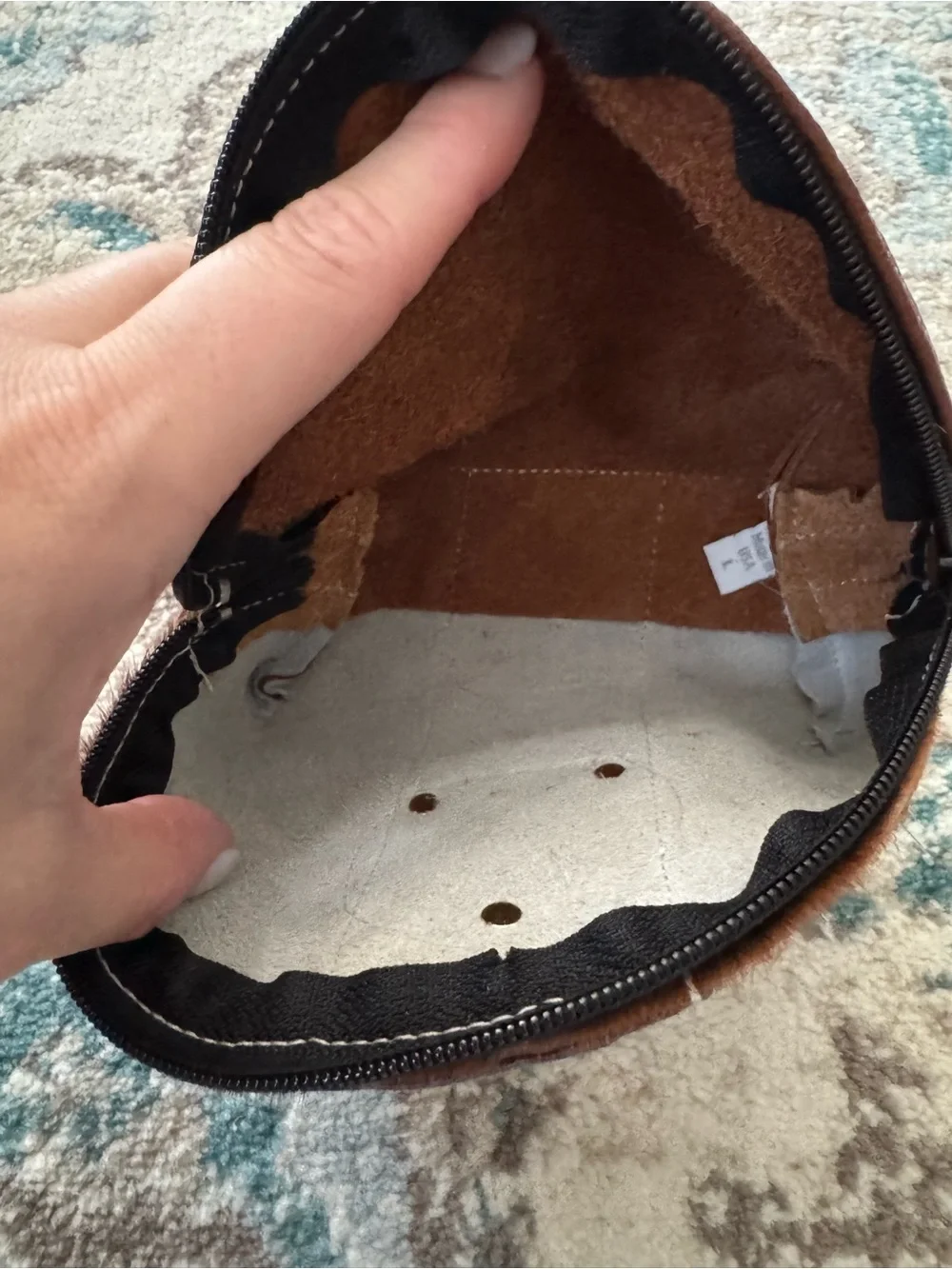 Western Cowhide Leather Cosmetic Makeup Bag Pouch Brown White Tooled Accent